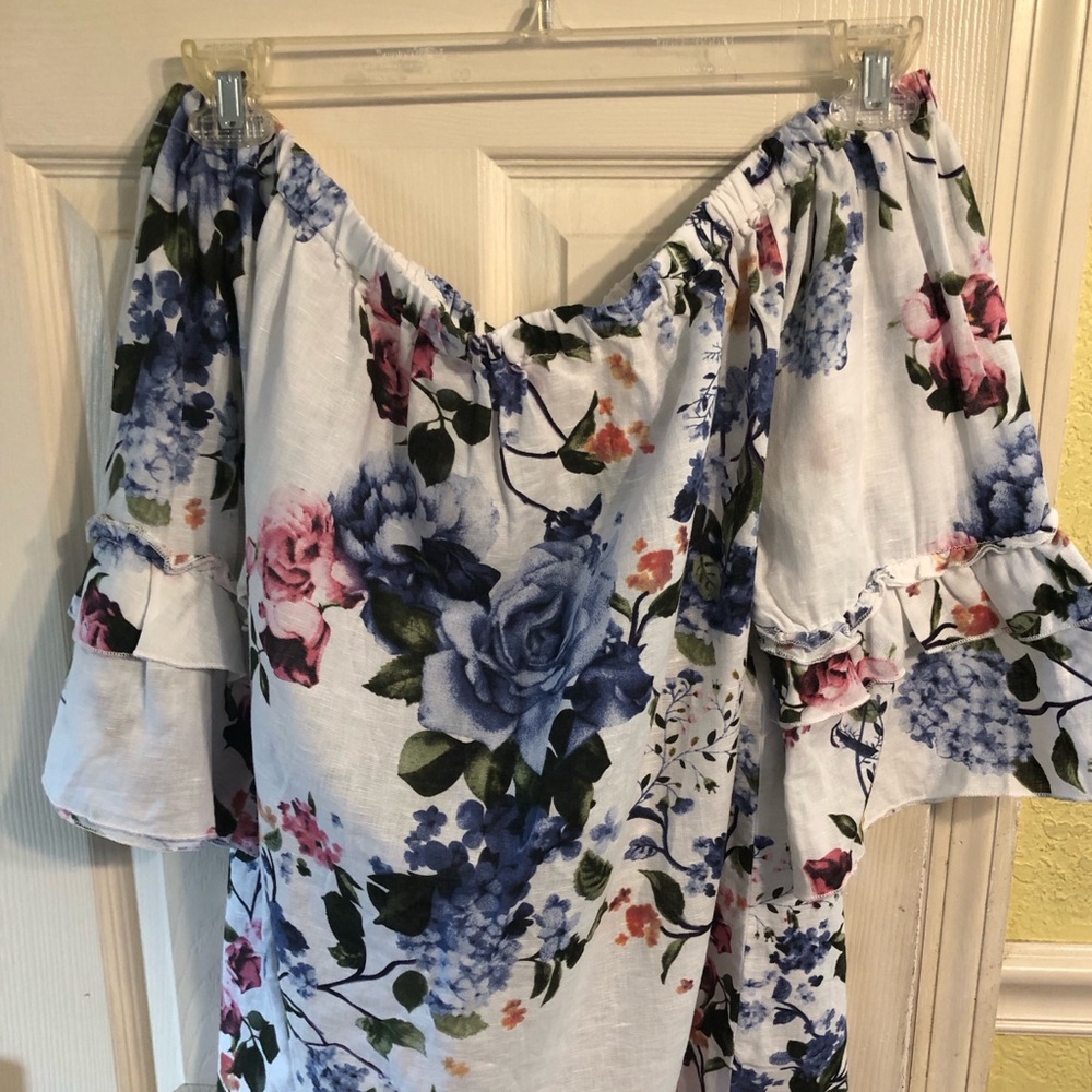 Floral Off-Shoulder Ruffle Sleeve Top - Blue & Pink Roses